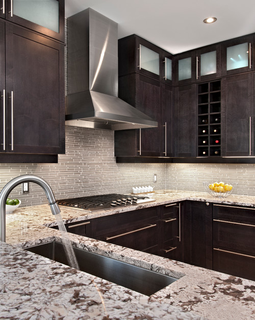 Bianco Antico Countertop inSmall Kitchen Ideas with Stainless Steel Vent Hood and Pepper Stained Birch Cabinets and Glass Matchstick Backsplash Soft Gray Background Wall Cladding Exterior Projects Stone Type Luxurious Appearance Coordinating Backsplashes Warm Taupe Pink Flecks Countertops Slabs